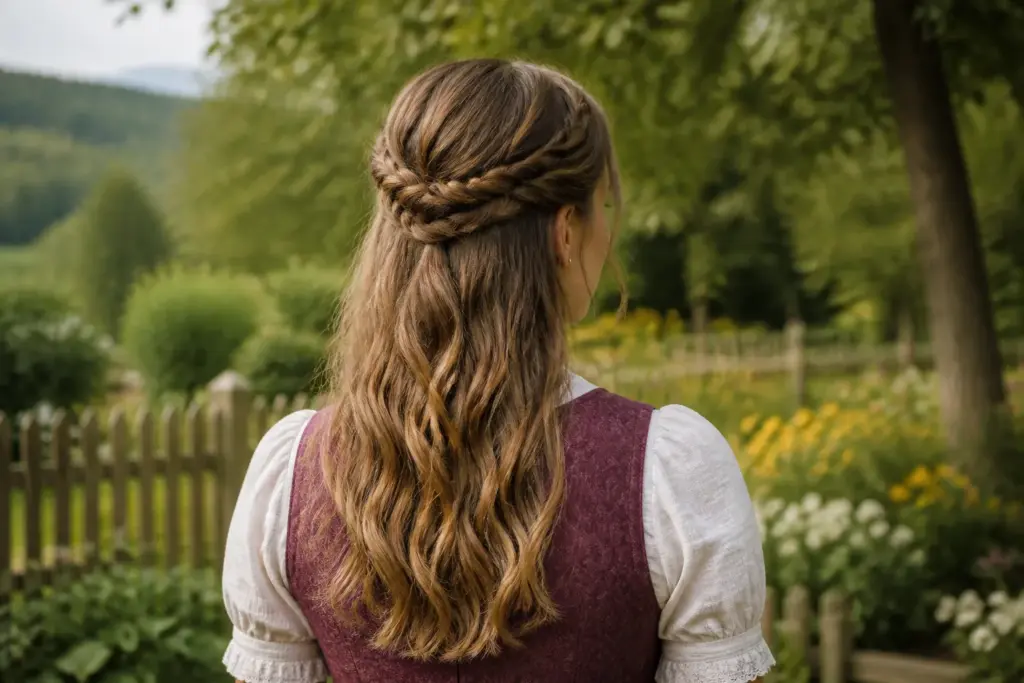 Halboffene Dirndl-Frisur mit zwei seitlichen Zöpfen