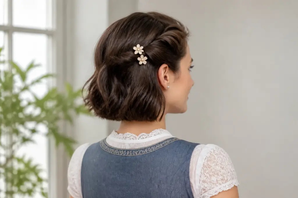 Kurzer Bob mit eingedrehter Seite und kleinen Haarspangen zum Dirndl