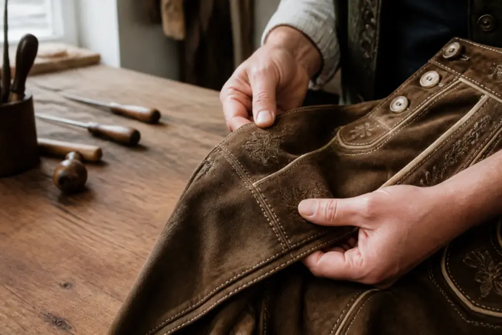 Hände prüfen Nähte und Verarbeitung einer Lederhose in einer Werkstatt