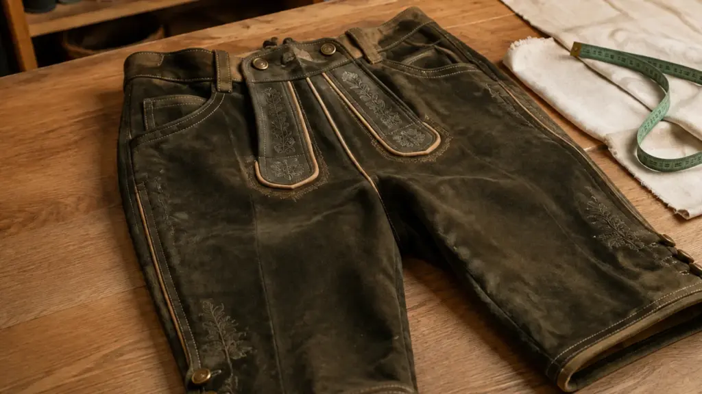 Dunkle Lederhose mit Maßband auf einem Schneidertisch